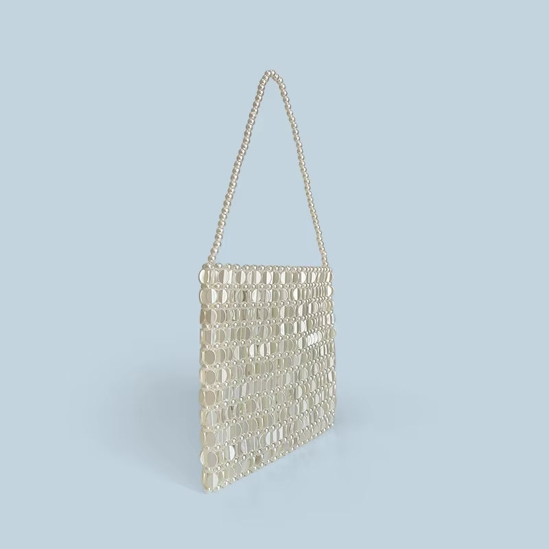 Shining Ins Metal Silver Handmade Bead Bag Bead Glitter Handmade Woven Phone Bag