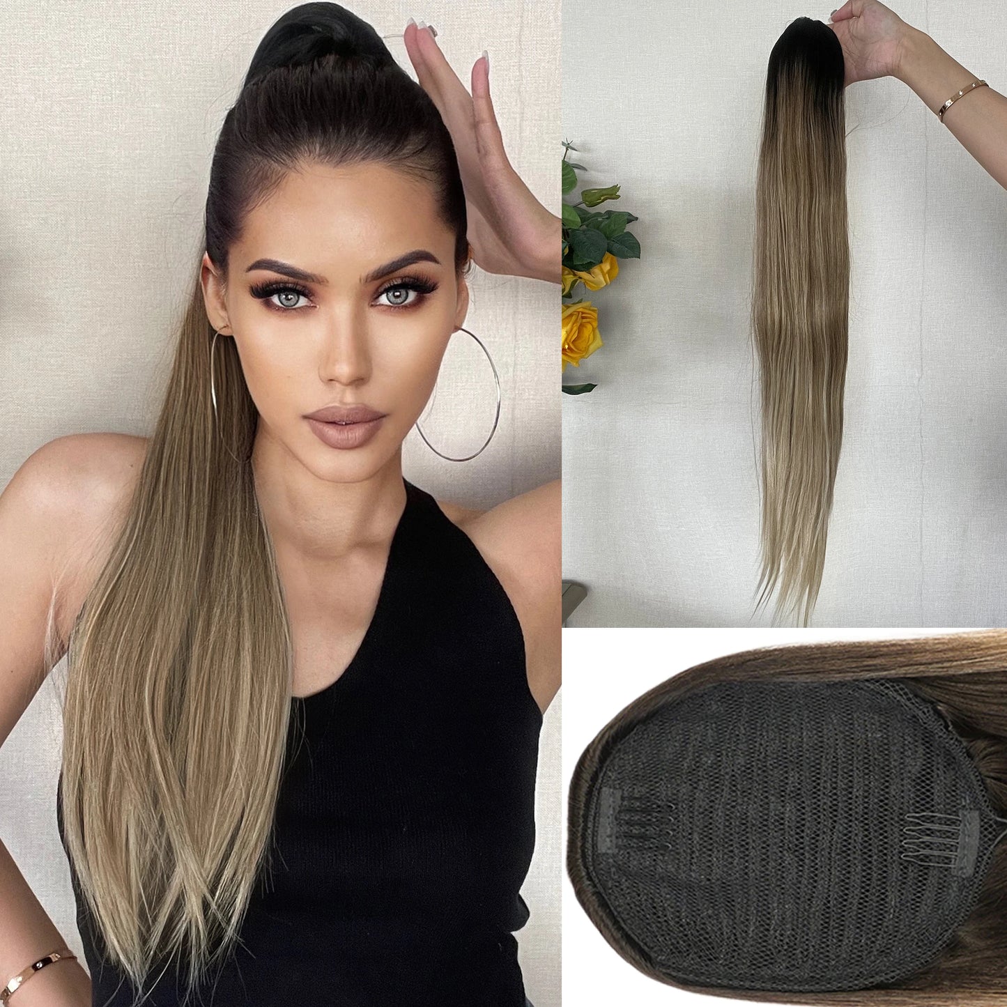 Ponytail Hair Extension Brown Ombre 24Inch Long Straight Drawstring Ponytail Natural Pony Tail Synthetic Hairpiece for Women