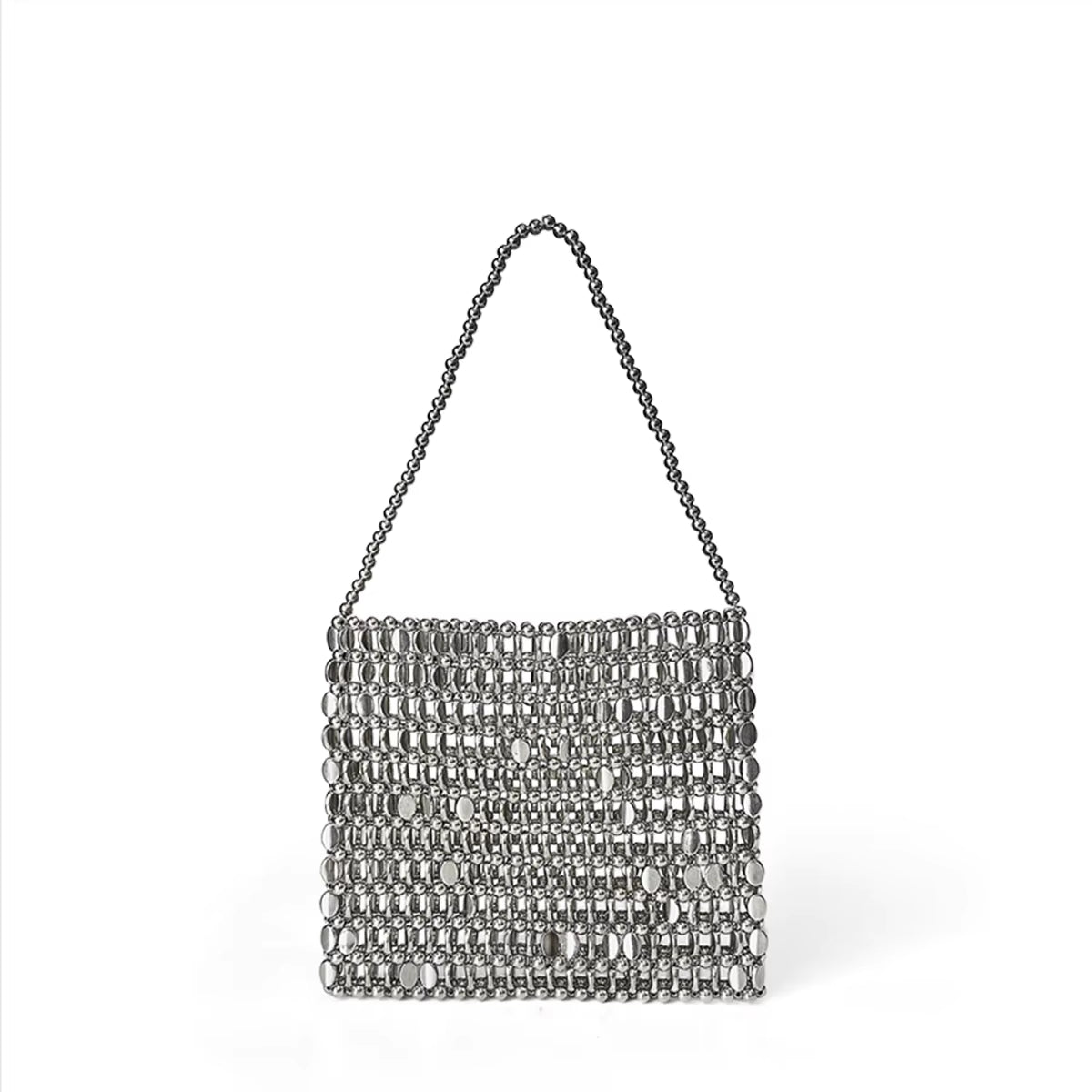 Shining Ins Metal Silver Handmade Bead Bag Bead Glitter Handmade Woven Phone Bag