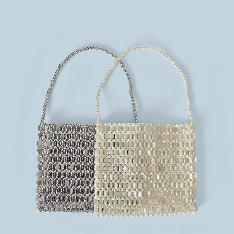 Shining Ins Metal Silver Handmade Bead Bag Bead Glitter Handmade Woven Phone Bag