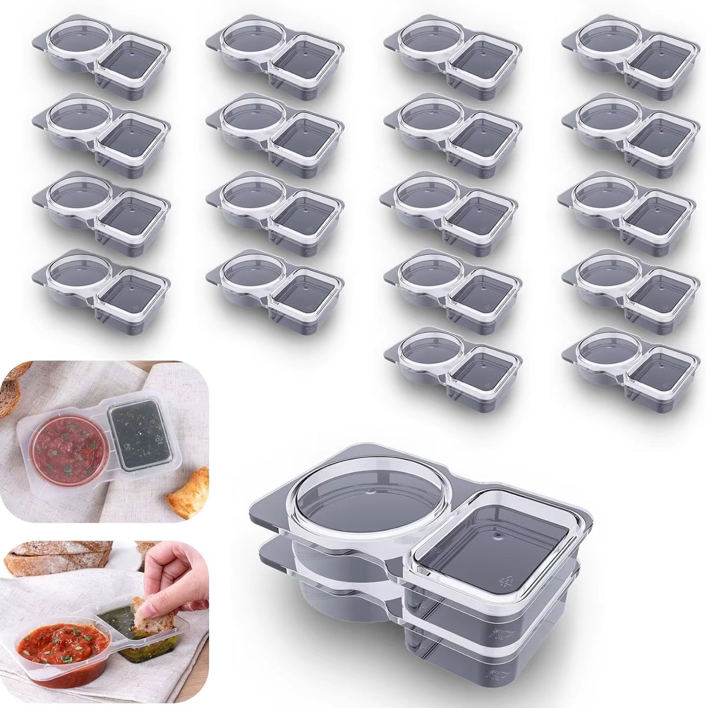 10/20Pcs Double Compartment Condiment Container with Lid Snack Containers for To-Go Sauce, Sampling, Travel Snack
