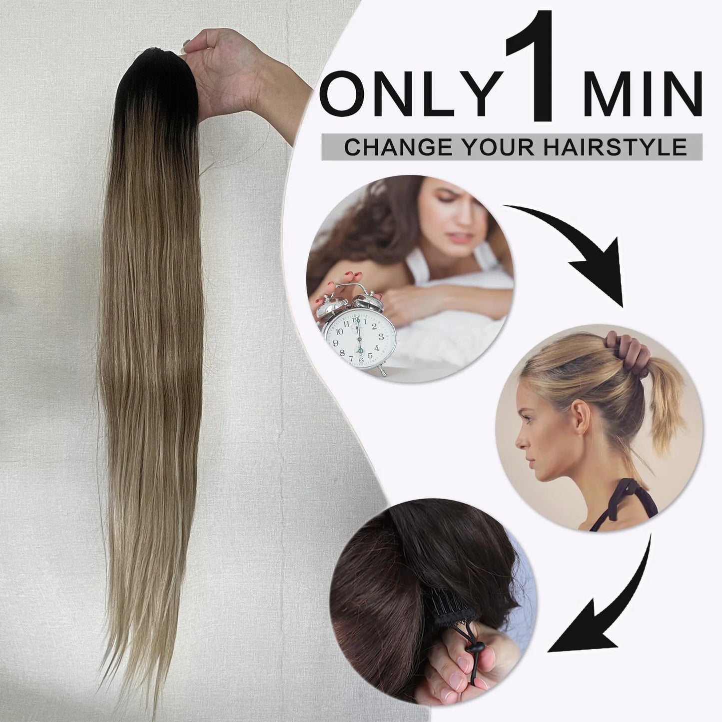 Ponytail Hair Extension Brown Ombre 24Inch Long Straight Drawstring Ponytail Natural Pony Tail Synthetic Hairpiece for Women