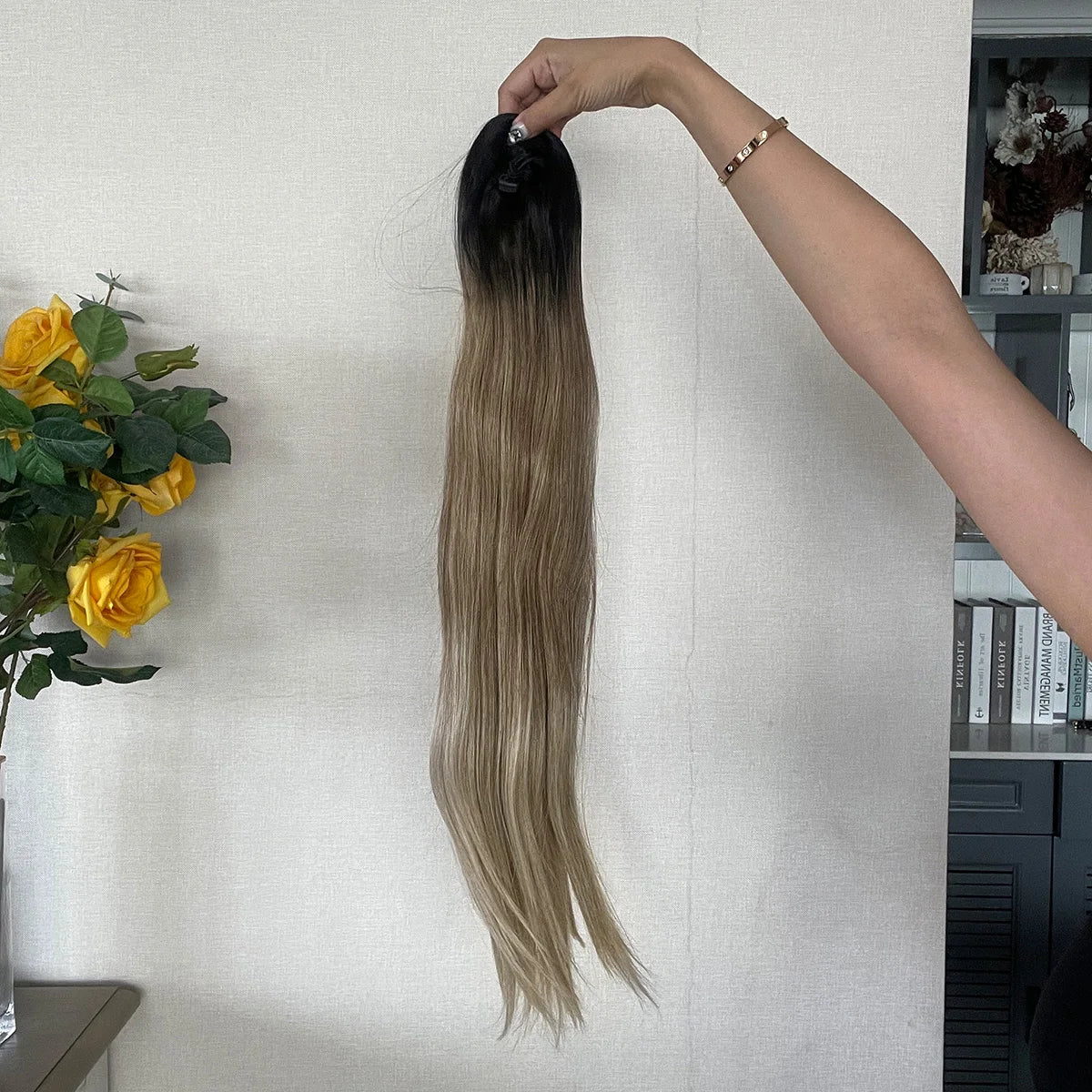 Ponytail Hair Extension Brown Ombre 24Inch Long Straight Drawstring Ponytail Natural Pony Tail Synthetic Hairpiece for Women