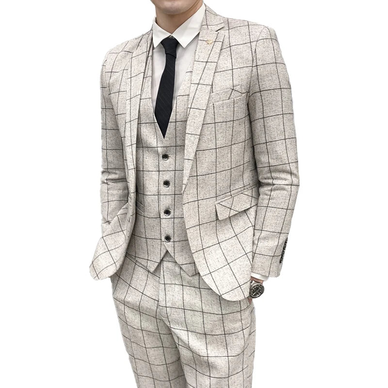 ( Jacket + Vest + Pants ) Men'S Fashion Boutique Plaid Formal Business Suit Slim Plaid Wedding Mens Suit Beige Gray Black Blue