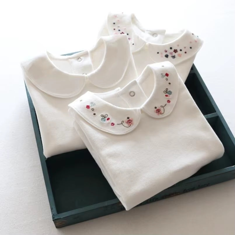 Embroidery School Girl White Blouse Cotton T-Shirt Kids Shirts Baby Toddler Clothes Long Sleeve Girls T Shirt Children Tops Tee