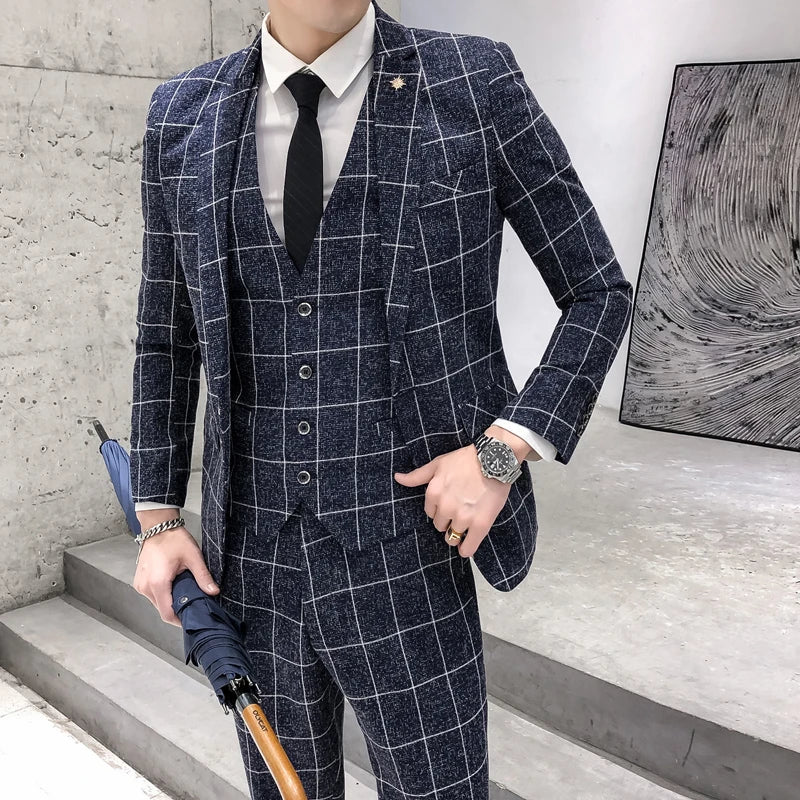 ( Jacket + Vest + Pants ) Men'S Fashion Boutique Plaid Formal Business Suit Slim Plaid Wedding Mens Suit Beige Gray Black Blue