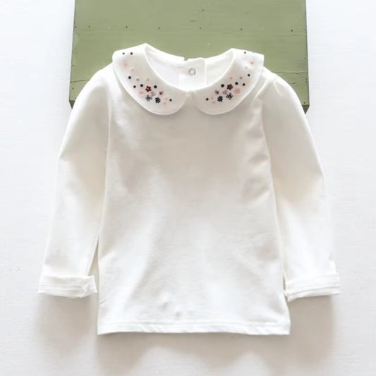 Embroidery School Girl White Blouse Cotton T-Shirt Kids Shirts Baby Toddler Clothes Long Sleeve Girls T Shirt Children Tops Tee