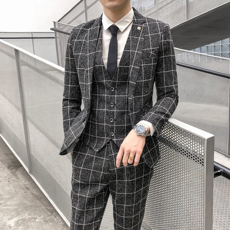 ( Jacket + Vest + Pants ) Men'S Fashion Boutique Plaid Formal Business Suit Slim Plaid Wedding Mens Suit Beige Gray Black Blue