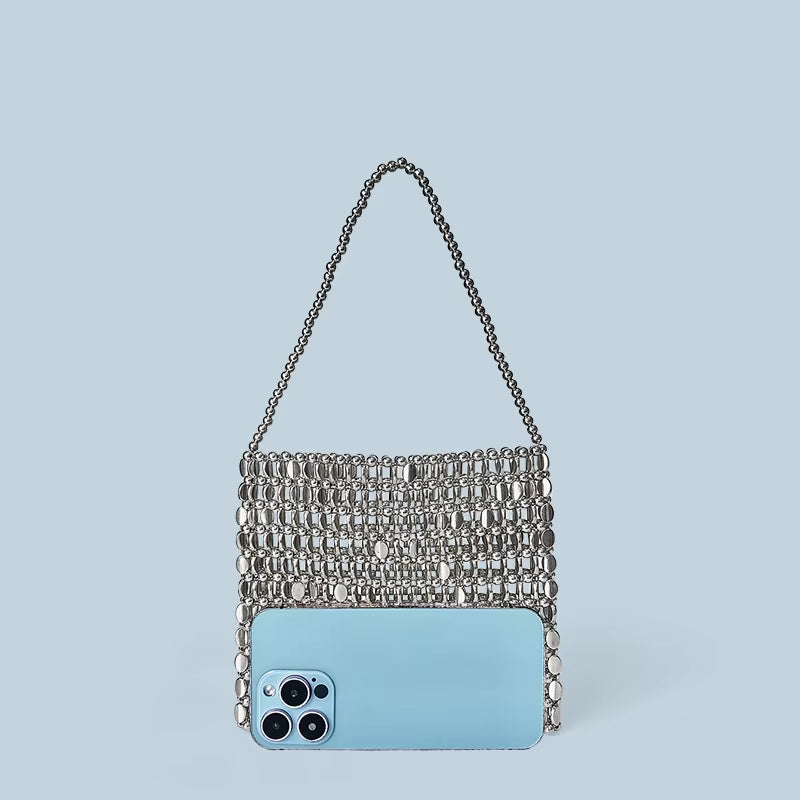 Shining Ins Metal Silver Handmade Bead Bag Bead Glitter Handmade Woven Phone Bag