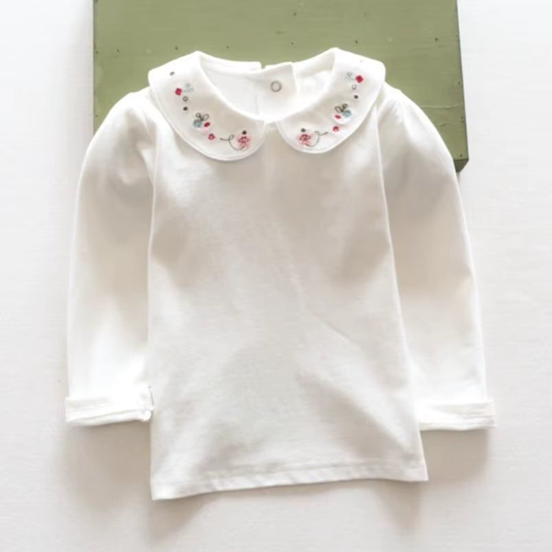 Embroidery School Girl White Blouse Cotton T-Shirt Kids Shirts Baby Toddler Clothes Long Sleeve Girls T Shirt Children Tops Tee