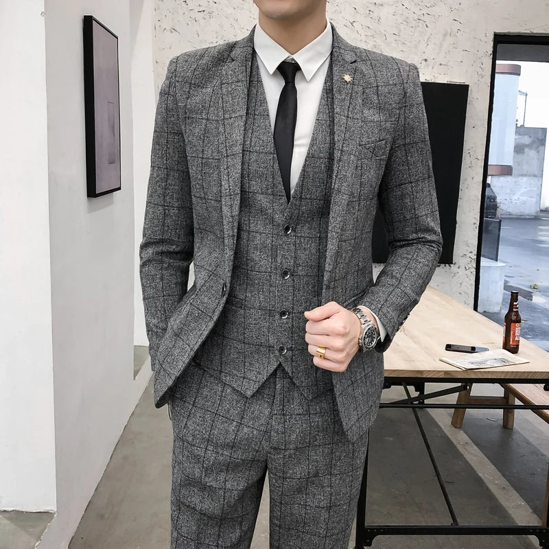 ( Jacket + Vest + Pants ) Men'S Fashion Boutique Plaid Formal Business Suit Slim Plaid Wedding Mens Suit Beige Gray Black Blue