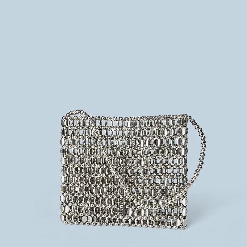 Shining Ins Metal Silver Handmade Bead Bag Bead Glitter Handmade Woven Phone Bag