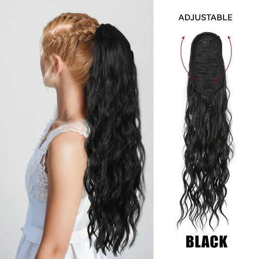 Ponytail Hair Extension Brown Ombre 24Inch Long Straight Drawstring Ponytail Natural Pony Tail Synthetic Hairpiece for Women