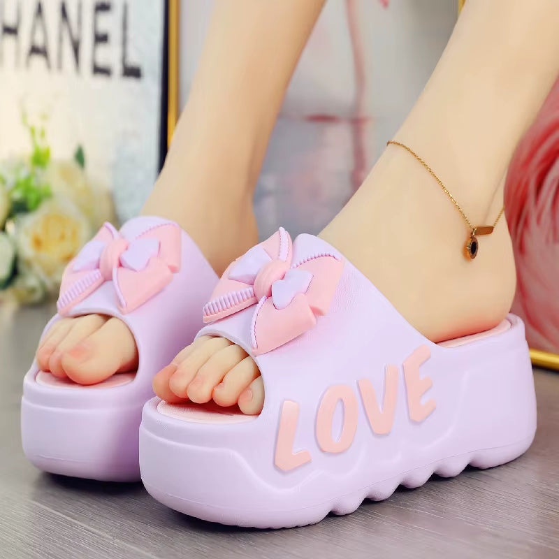 New 2025 White Pink Bow-Knot Slippers Woman High Platform EVA Slides Designer Sandals Beach Clogs Women Elevator Shoe