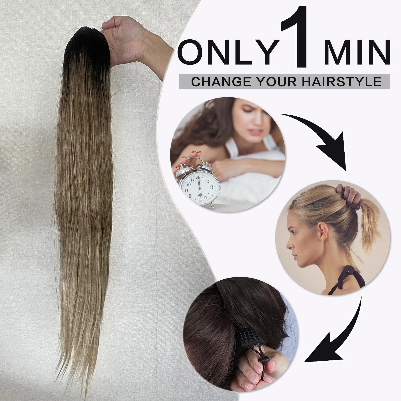 Ponytail Hair Extension Brown Ombre 24Inch Long Straight Drawstring Ponytail Natural Pony Tail Synthetic Hairpiece for Women