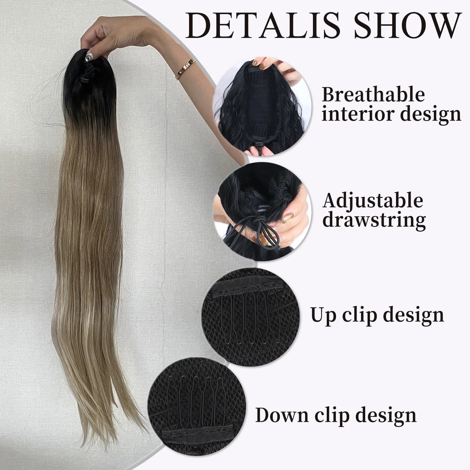 Ponytail Hair Extension Brown Ombre 24Inch Long Straight Drawstring Ponytail Natural Pony Tail Synthetic Hairpiece for Women