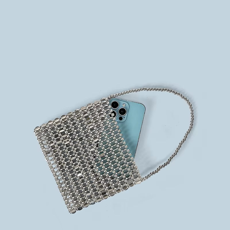 Shining Ins Metal Silver Handmade Bead Bag Bead Glitter Handmade Woven Phone Bag