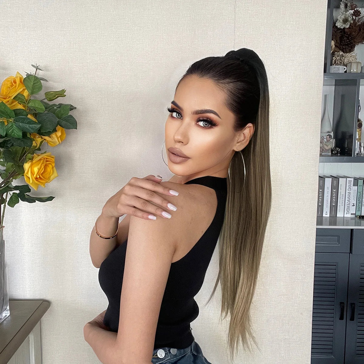 Ponytail Hair Extension Brown Ombre 24Inch Long Straight Drawstring Ponytail Natural Pony Tail Synthetic Hairpiece for Women